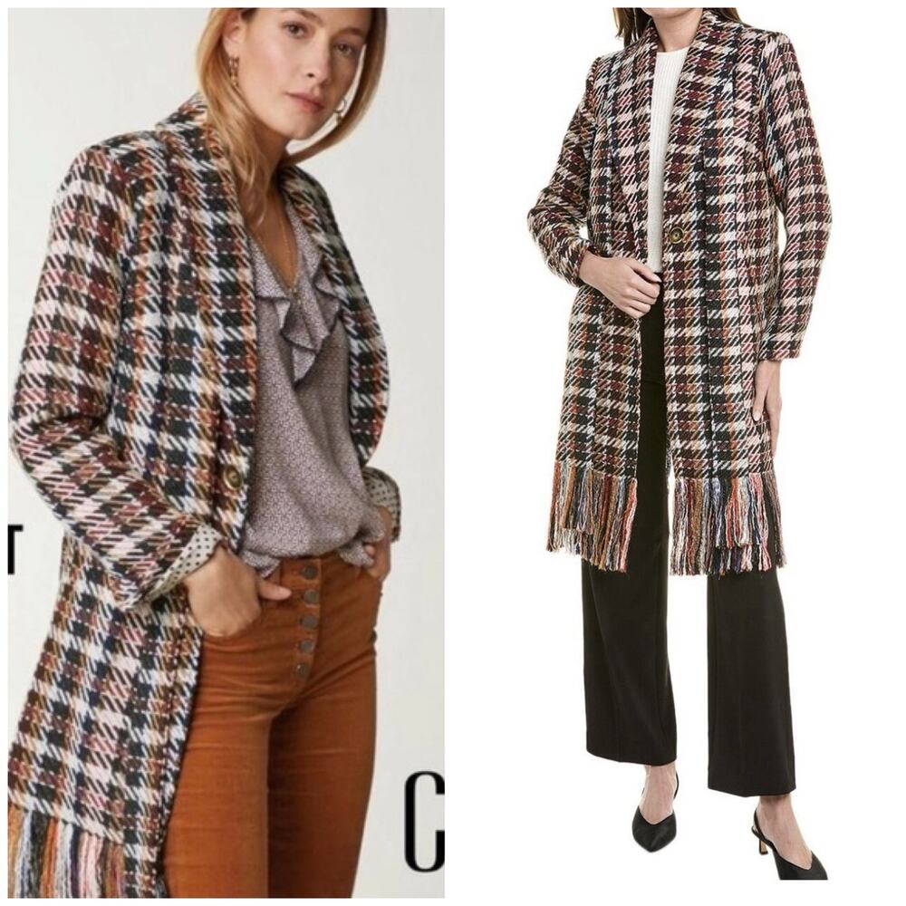 Cabi Regency Coat Plaid Fringe Long Peacoat  Tweedlike Size Small Boho